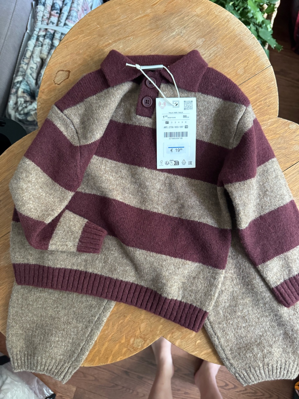 Zara Kids Burgundy and Beige Striped Knit Sweater
